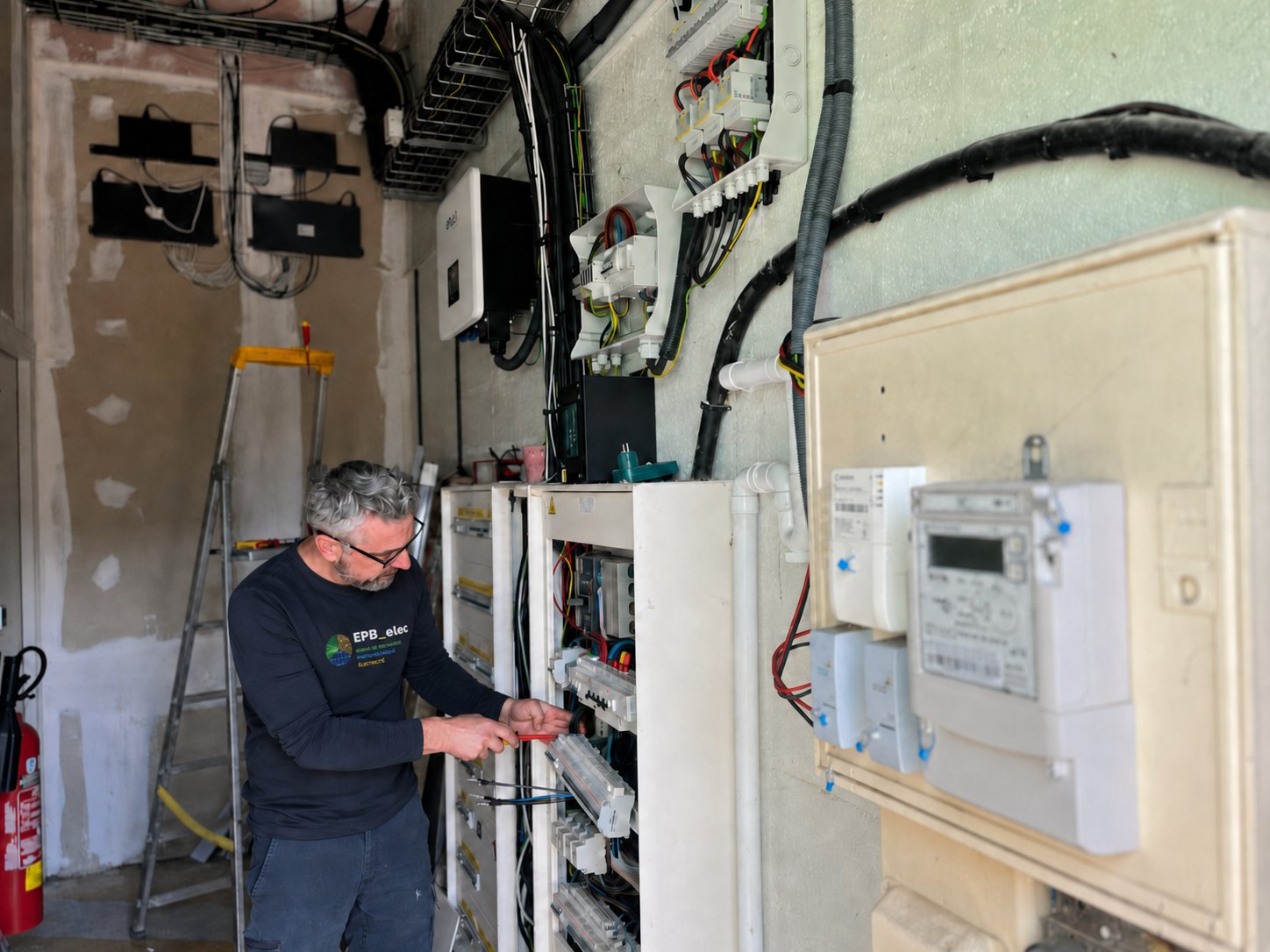 Électricien EPB elec intervenant sur un tableau électrique
